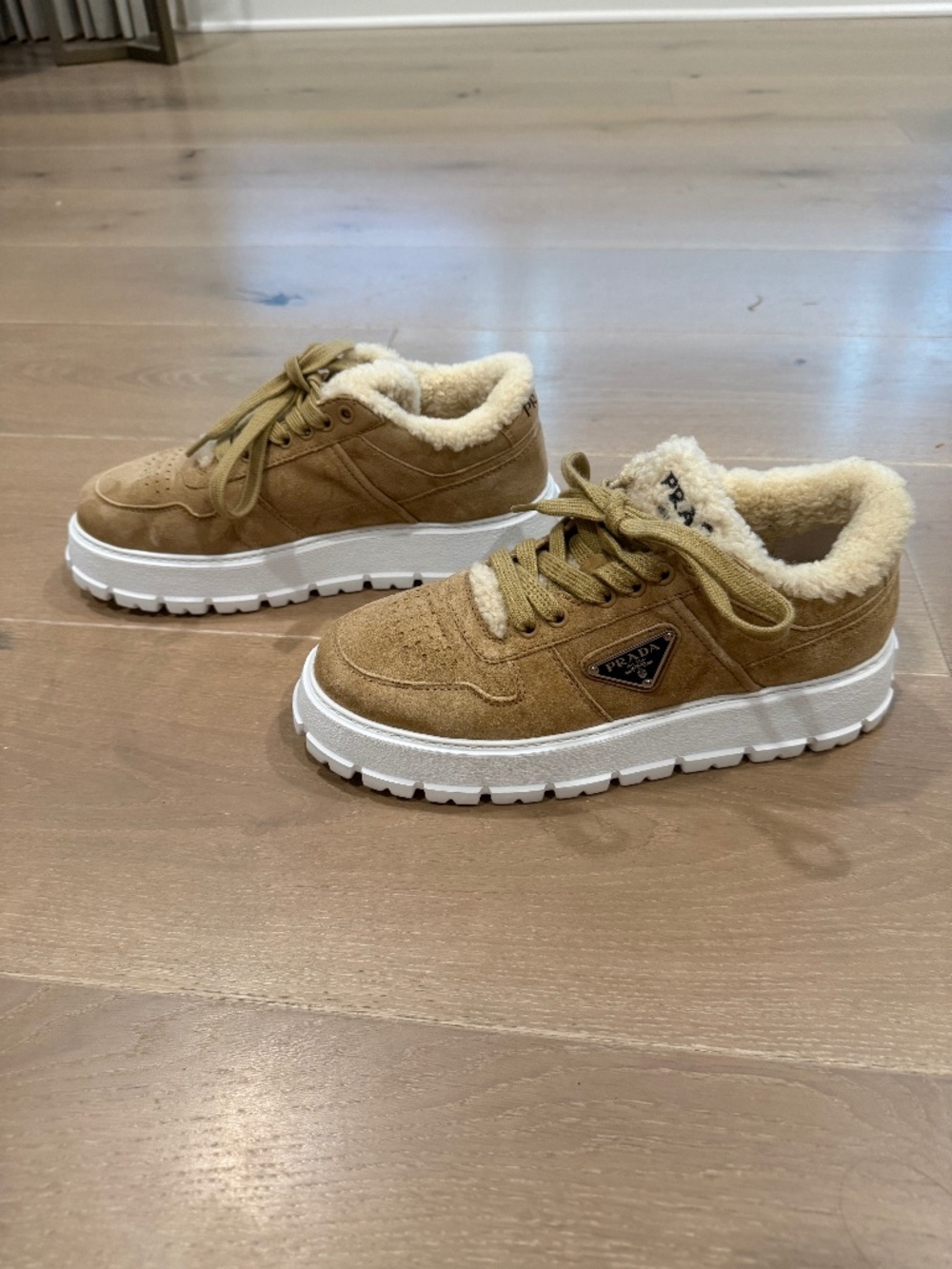 Prada Shearling-Lined Suede Sneakers — Tan, Worn Once